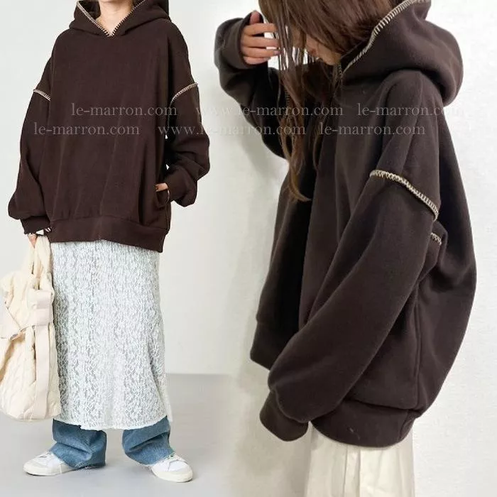 現貨│韓國製 溫暖刷毛搖粒絨 厚實感毛絨 明線撞色簡約寬鬆版連帽T#4411