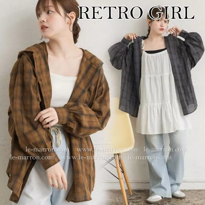 現貨│日單RETRO GIRL 泡泡棉格紋連帽襯衫 天絲純色 寬鬆版防曬衫#4433特