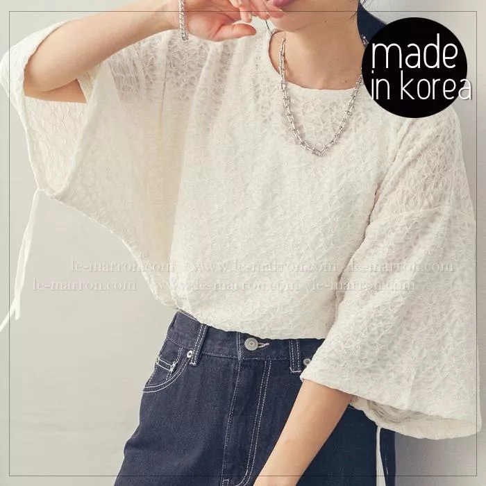 韓國空運 韓國製 純粹感奶白色微透紋理罩衫 燈籠袖 寬鬆版上衣#4446現貨特