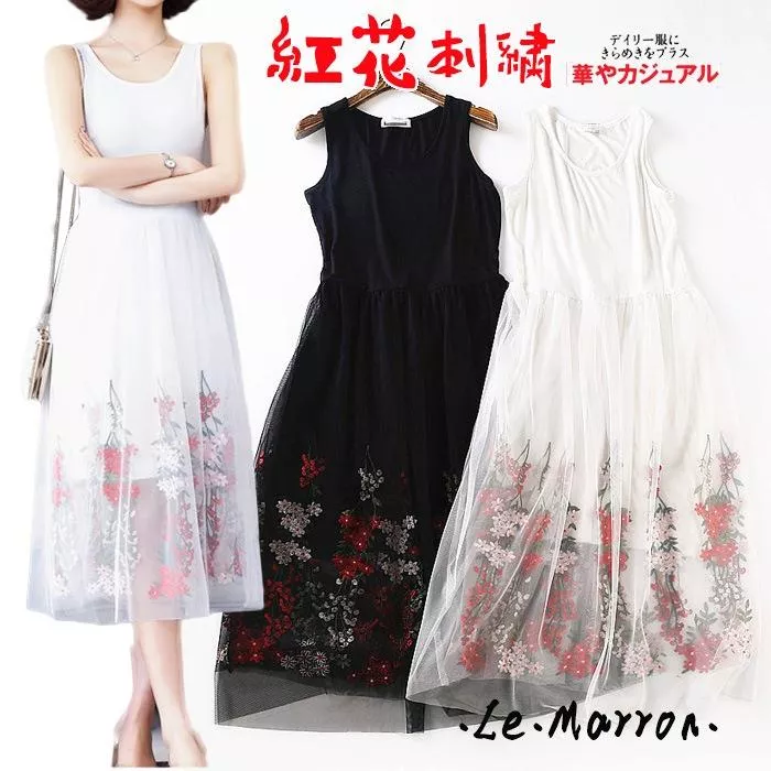 氣質款~霧感網紗紅花刺繡🌹好看的襯裙 連身裙 吊帶裙LL010預購