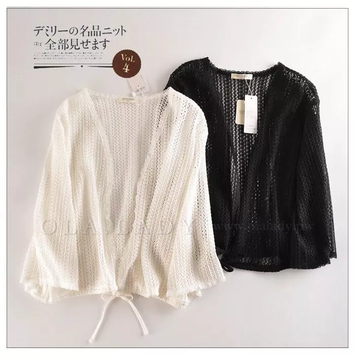 日系森女風 縷空棉線針織開衫 七分袖防曬外罩衫LL015預購