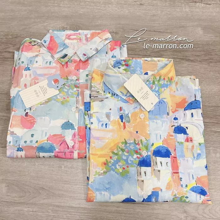 異國風地中海建築印花🐳✈水彩畫 水洗做舊感 短袖/長袖 寬鬆襯衫G1225預購