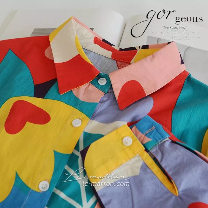 日系復古趣味🍅普普風色彩幾何印花 寬鬆長袖襯衫G1272預購