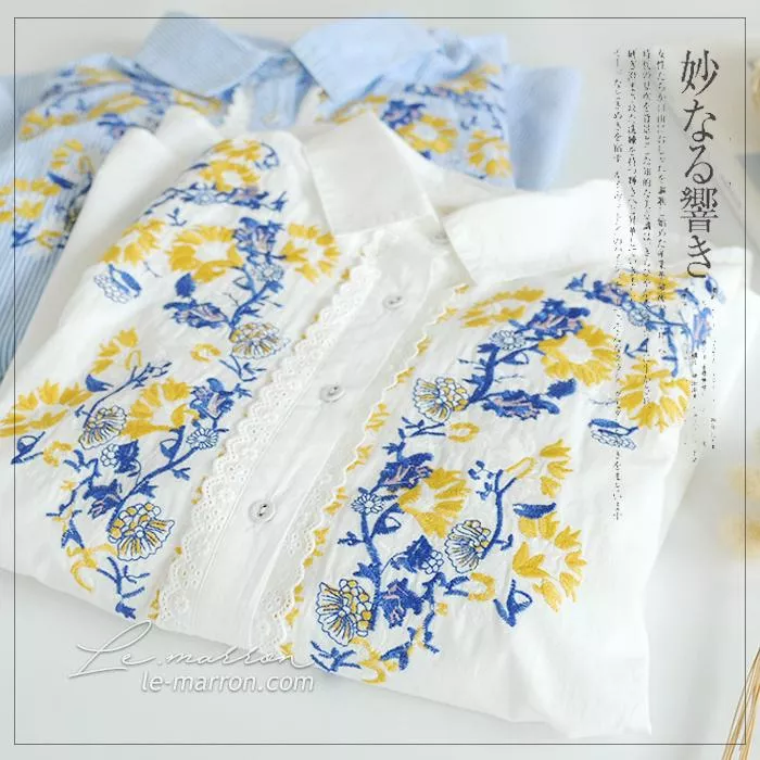 法式優雅🦜蕾絲花邊門襟❤森女日系小清新撞色花刺繡襯衫#G1102預購