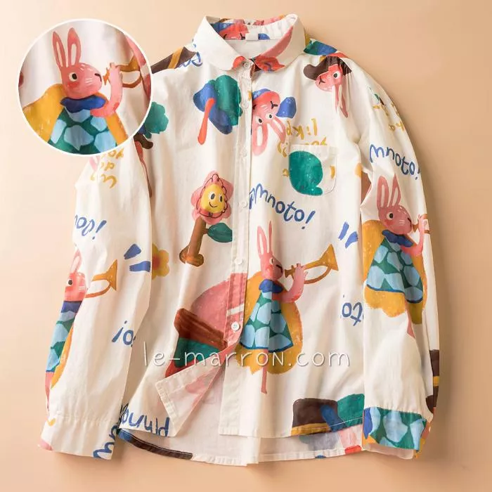 日系童趣風 可愛兔子印花🐰寬鬆版長袖襯衫G1055預購