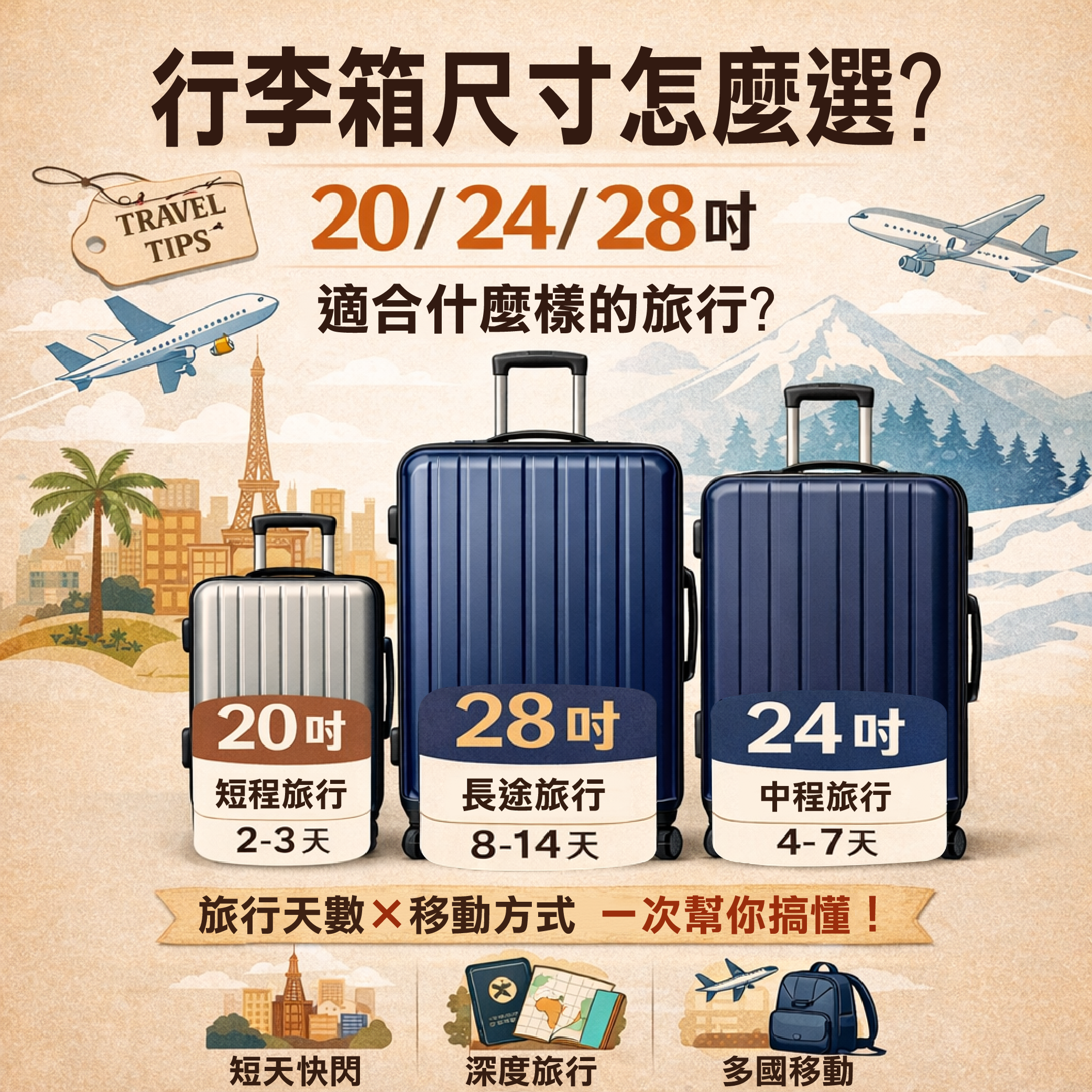 行李箱尺寸怎麼選？ 旅行天數 × 移動方式，一篇幫你選對箱 ✈️