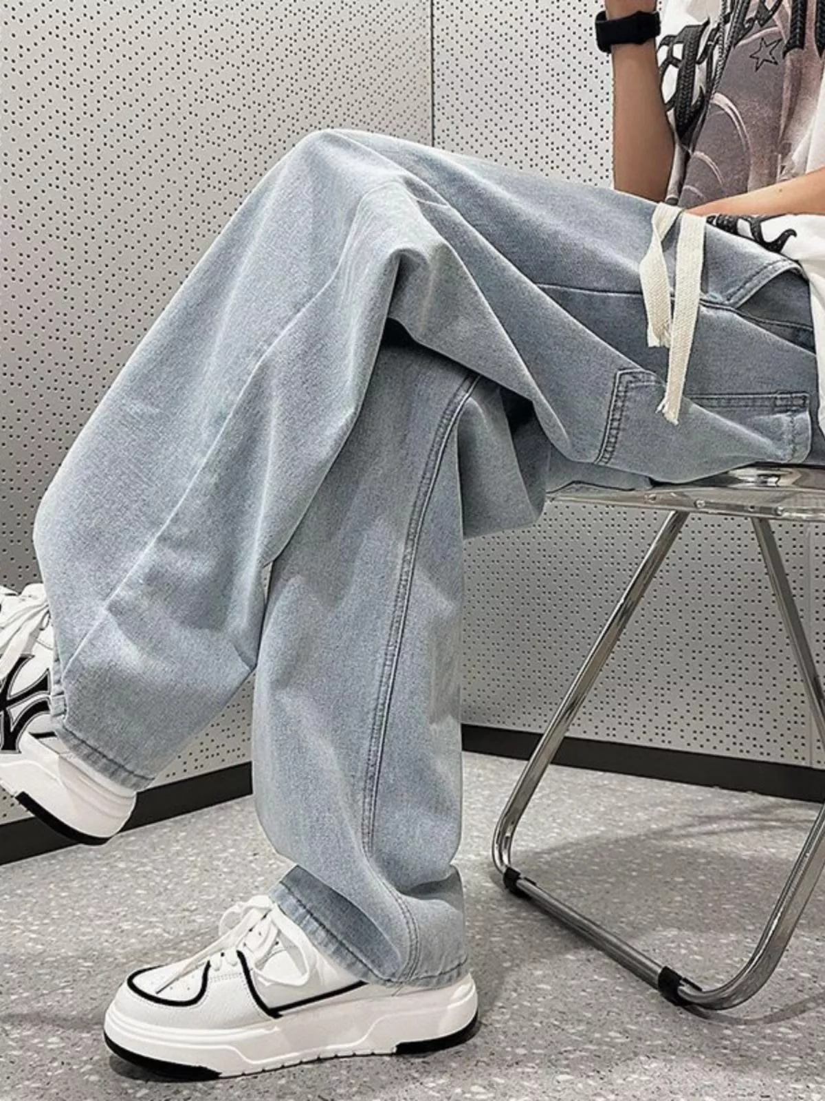 潮牌男士牛仔褲寬鬆直筒褲鬆緊腰褲子美式高街休閒褲長褲