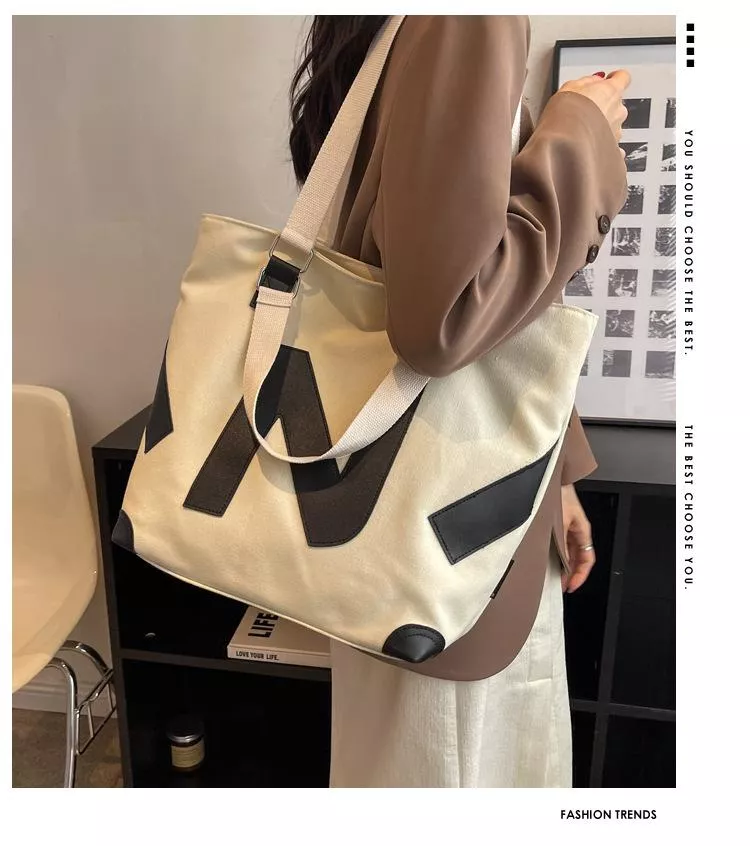 潮流壓花字母手提帆布包質感厚實媽咪托特單肩包