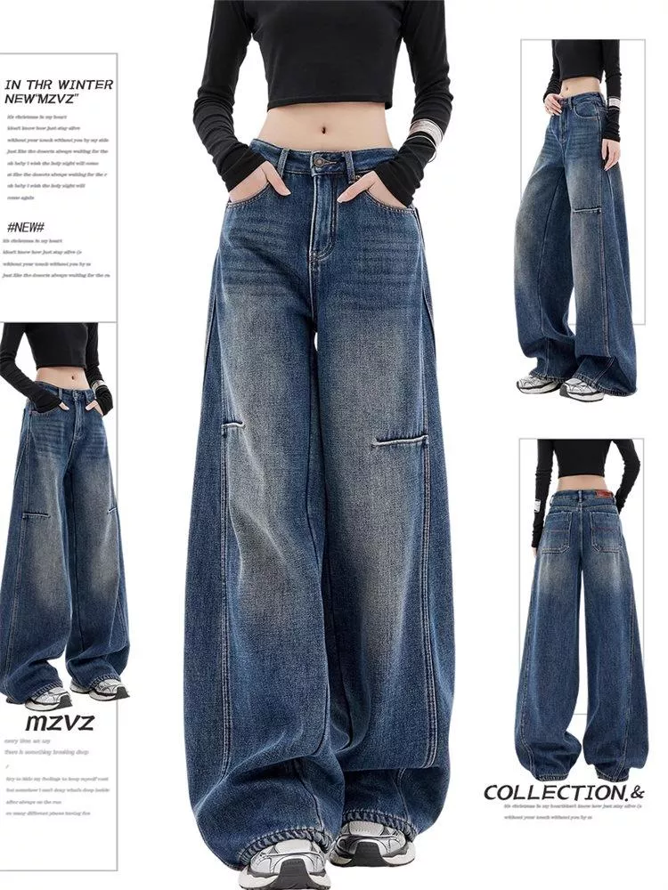 美式復古藍色彎刀牛仔褲女夏鐮刀寬鬆拖地寬褲長褲