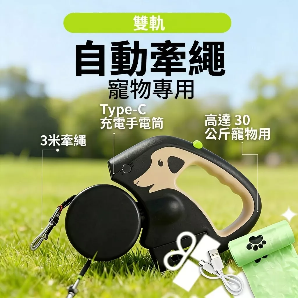 雙軌牽引繩一拖二自動伸縮牽引繩USB充電帶燈遛狗繩戶外牽引繩