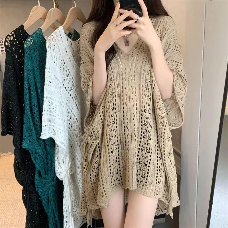 夏季女裝鏤空繫帶針織上衣寬鬆小眾中長款鏤空罩衫
