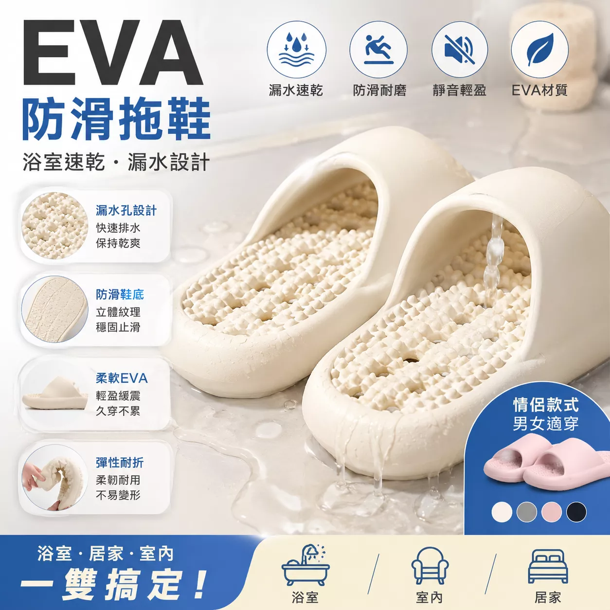 EVA防滑拖鞋浴室速乾漏水設計靜音防滑室內居家情侶拖鞋男女
