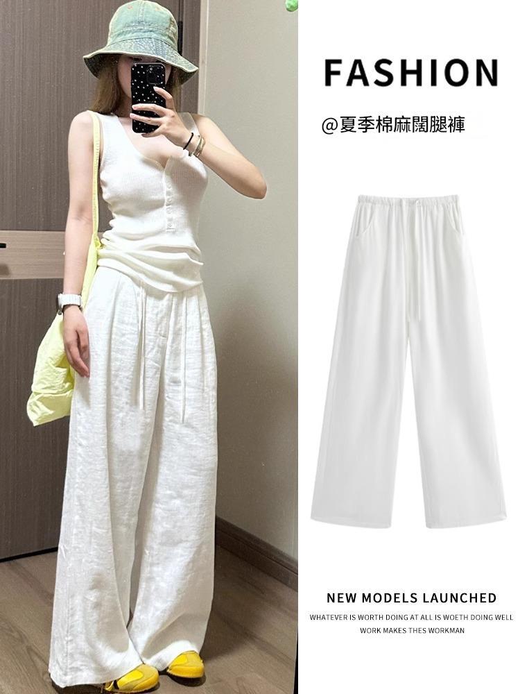 天絲亞麻寬褲女冰絲涼感高腰顯瘦垂墜感直筒拖地褲