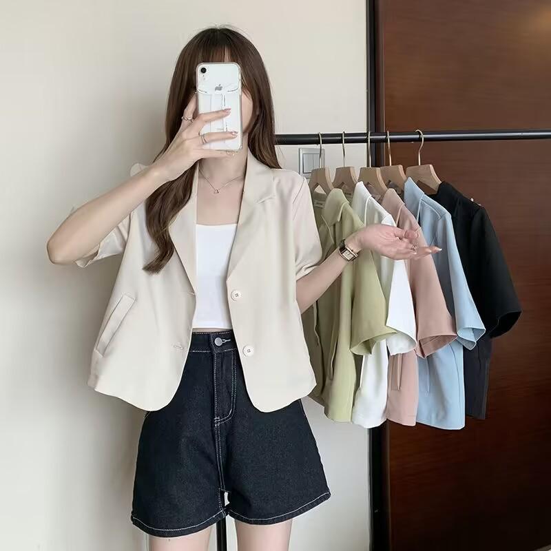設計感短版西裝外套女款夏季薄款翻領短袖小西裝外搭上衣