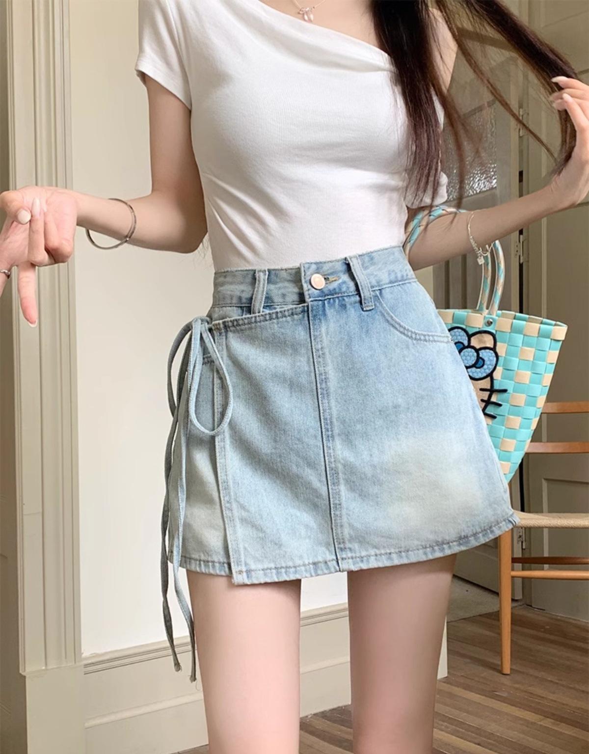 女款夏季假兩件牛仔短褲裙不規則設計綁帶裙褲顯瘦修身防走光辣妹百搭短褲