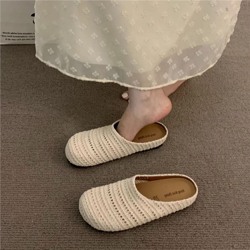 法式復古女款包頭涼拖鞋純色百搭軟底舒適懶人一腳套居家外穿時尚休閒拖鞋