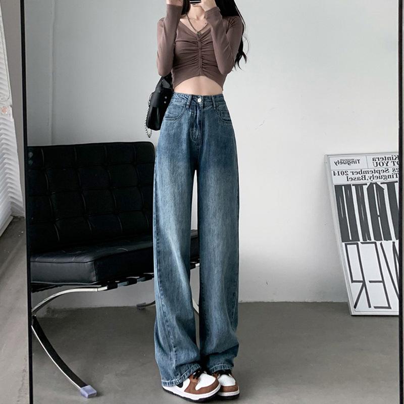 韓版女款高腰垂墜感闊腿牛仔褲寬鬆直筒顯瘦版型百搭拖地長褲