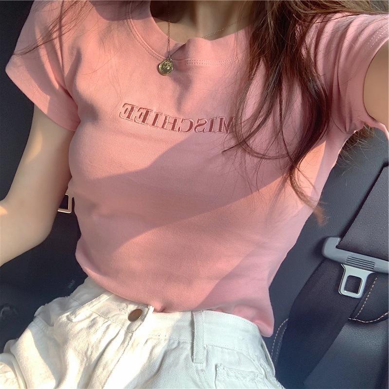 女款韓版字母刺繡短袖T恤修身顯瘦百搭休閒夏季短袖上衣