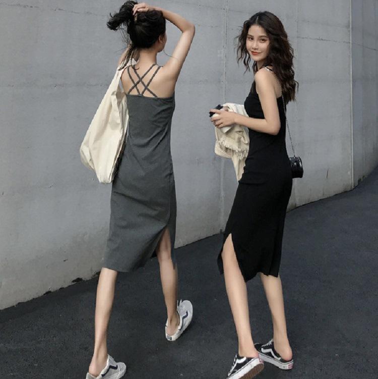 中長款吊帶開衩洋裝夏季顯瘦修身百搭外穿長裙連身裙