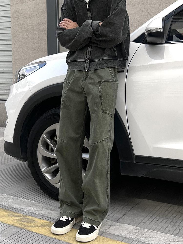 美式復古軍綠工裝褲男多口袋直筒長褲寬鬆休閒百搭潮流工作褲