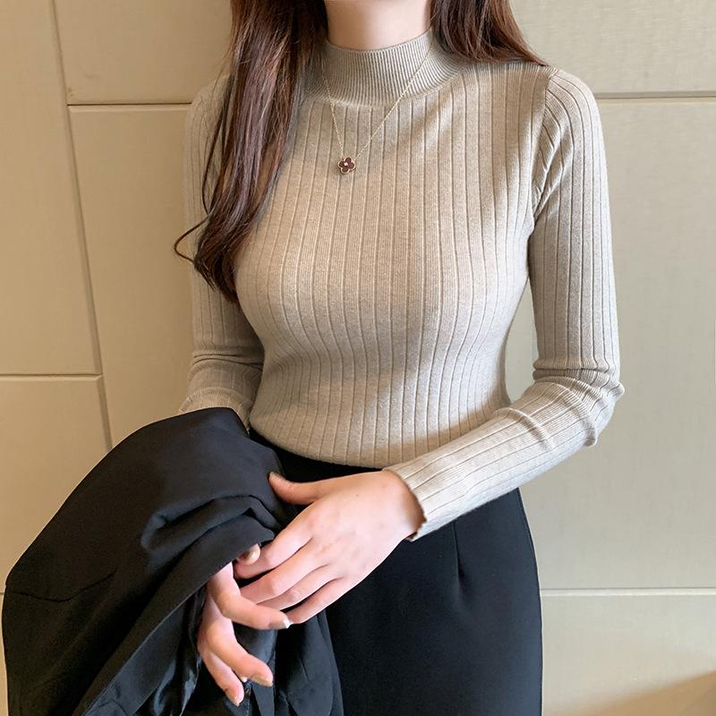 女款半高領針織薄款修身長袖上衣百搭內搭毛衣中領保暖上衣
