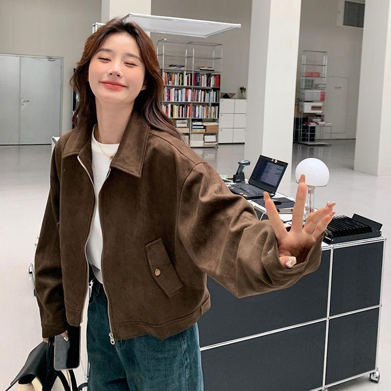 美拉德短版麂皮絨外套女款春秋復古夾克美式休閒慵懶時髦俐落顯瘦外套