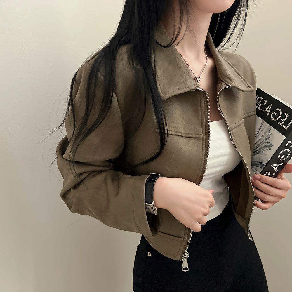 美式復古翻領短版拉鍊外套女款長袖休閒外套小眾設計感百搭秋季外套