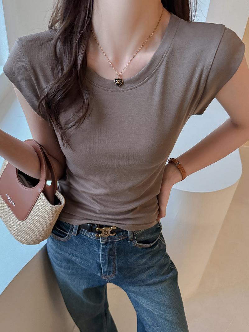 女款萊賽爾天絲修身短袖上衣正肩剪裁小飛袖T恤顯瘦俐落質感百搭