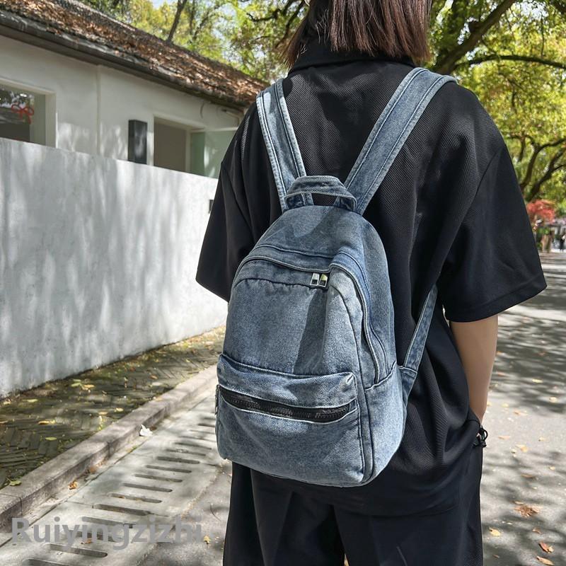 日系水洗牛仔帆布雙肩後背包簡約休閒風大容量旅行日常通勤百搭背包