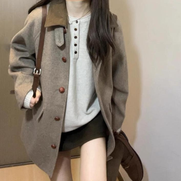 復古韓系毛呢外套女秋冬翻領小香風呢子大衣修身外套
