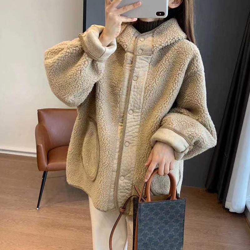 仿羊羔毛連帽外套女秋冬保暖寬鬆版連帽紐扣設計韓系百搭休閒外套
