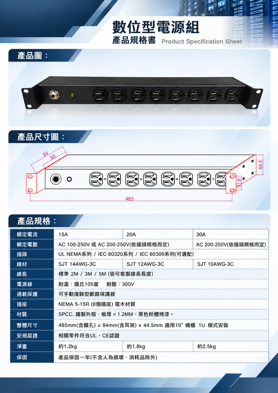 NEMA 5-15R－8座（無電表型）