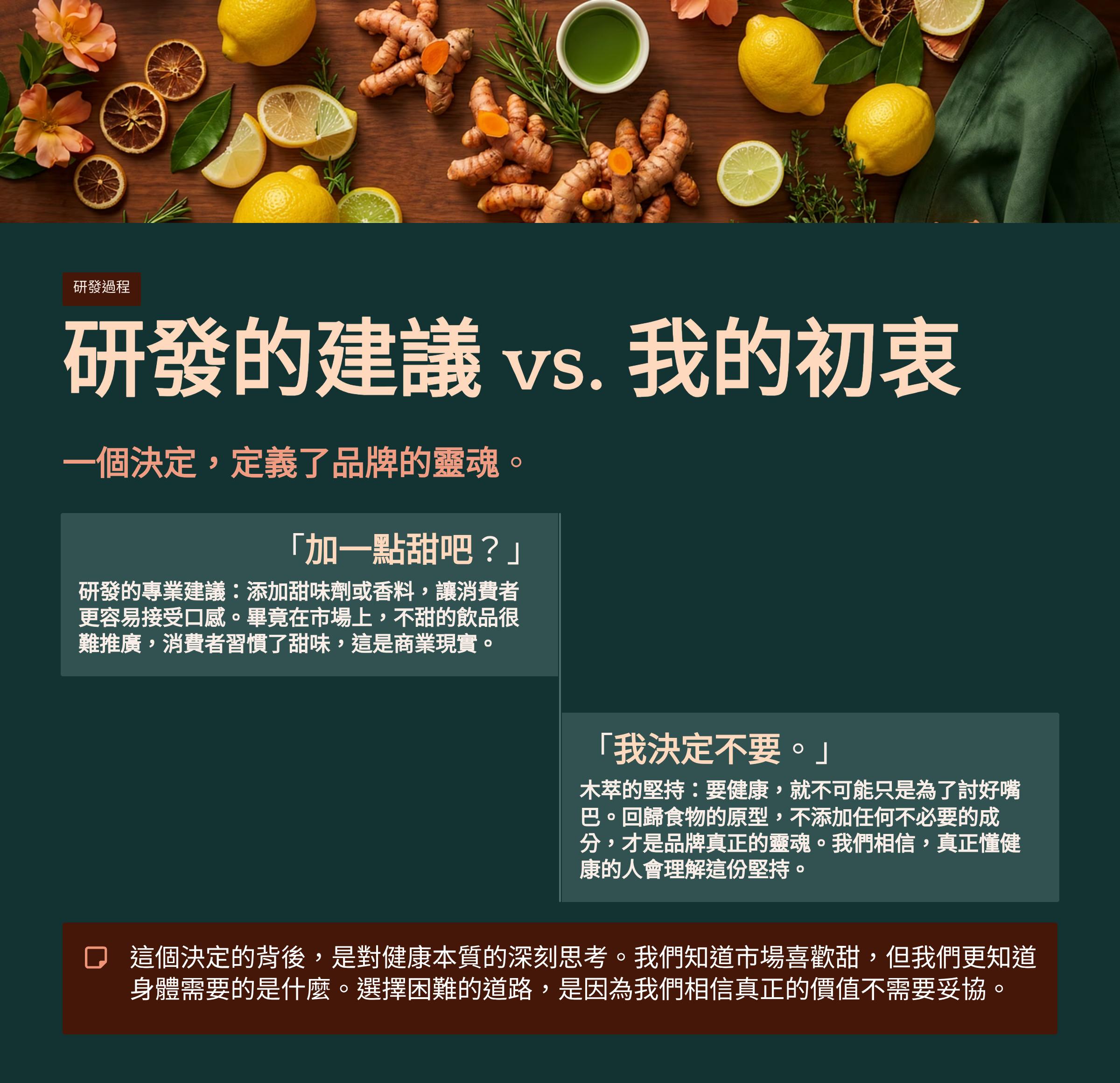 </br>研發過程</br>研發的建議 vs. 我的初衷</br>一個決定,定義了品牌的靈魂。</br>「加一點甜吧？」</br>研發的專業建議：添加甜味劑或香料，讓消費者更容易接受口感。畢竟在市場上，不甜的飲品很難推廣，消費者習慣了甜味，這是商業現實。</br>「我決定不要。」</br>木萃的堅持：要健康，就不可能只是為了討好嘴巴。回歸食物的原型，不添加任何不必要的成分，才是品牌真正的靈魂。我們相信，真正懂健康的人會理解這份堅持。</br>這個決定的背後，是對健康本質的深刻思考。我們知道市場喜歡甜，但我們更知道身體需要的是什麼。選擇困難的道路，是因為我們相信真正的價值不需要妥協。</br>