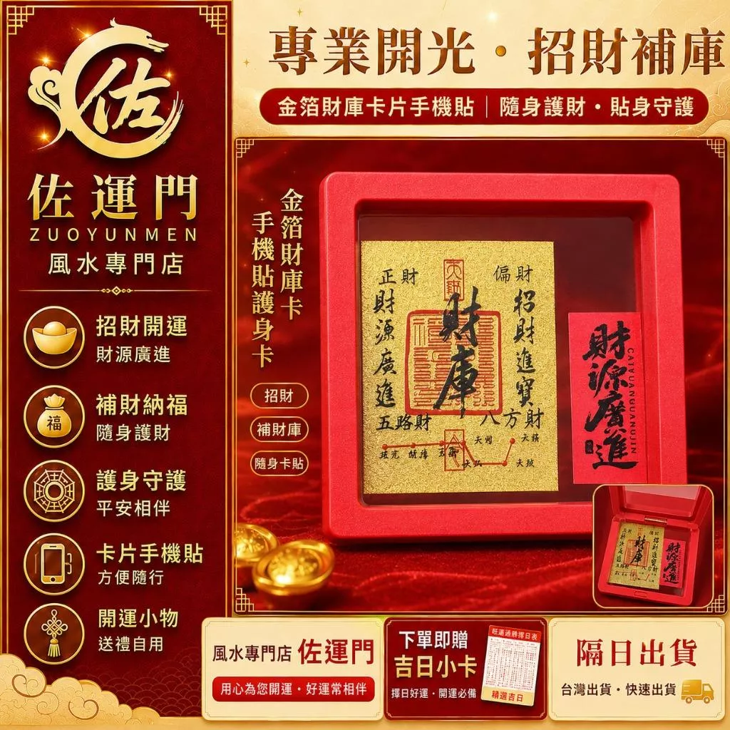 一件免運 隔日出貨 開光金箔財庫卡片手機貼 招財卡 財庫卡 財庫金卡 五路財神 錢母 錢母卡 補財庫 招財開運 手機貼