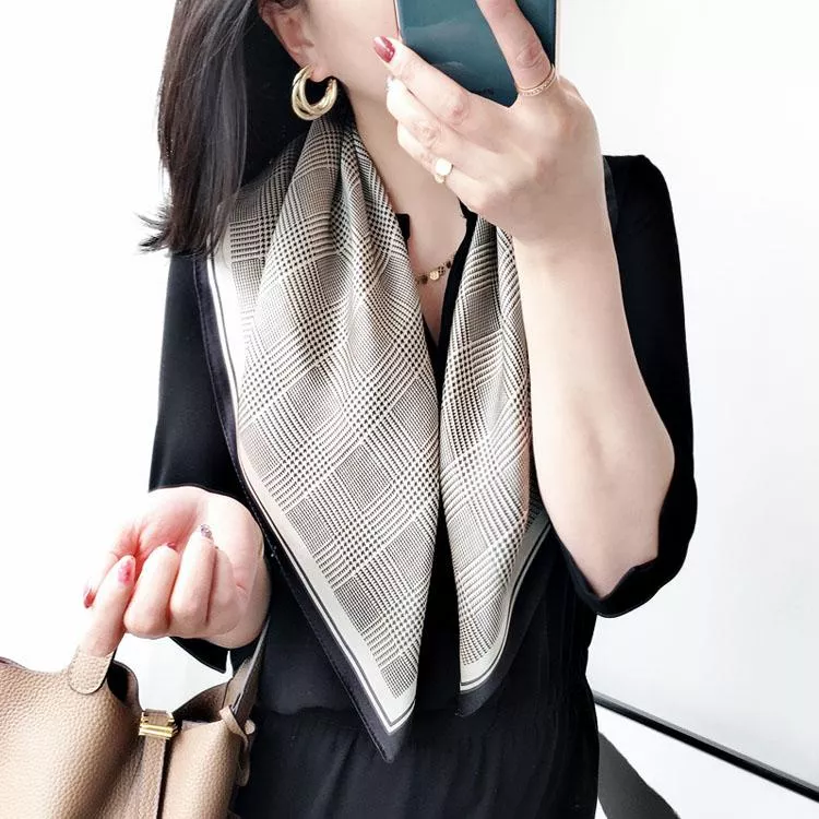 100%蠶絲方巾真絲領巾條紋小領巾千鳥格紋真絲領巾