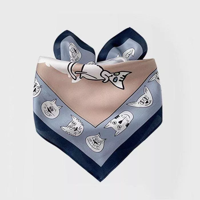 100％桑蠶絲韓版可愛貓咪真絲領巾小方巾披肩