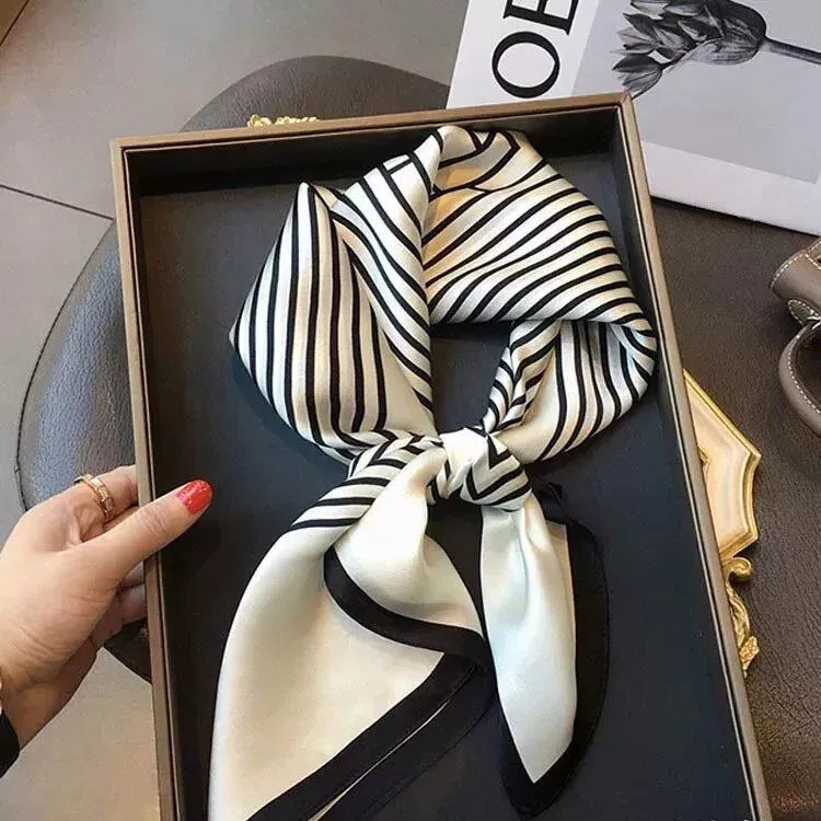 100％桑蠶絲北歐簡約條紋真絲領巾小方巾披肩