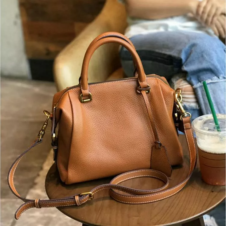 頭層牛皮波士頓枕頭包大容量手提包斜背包