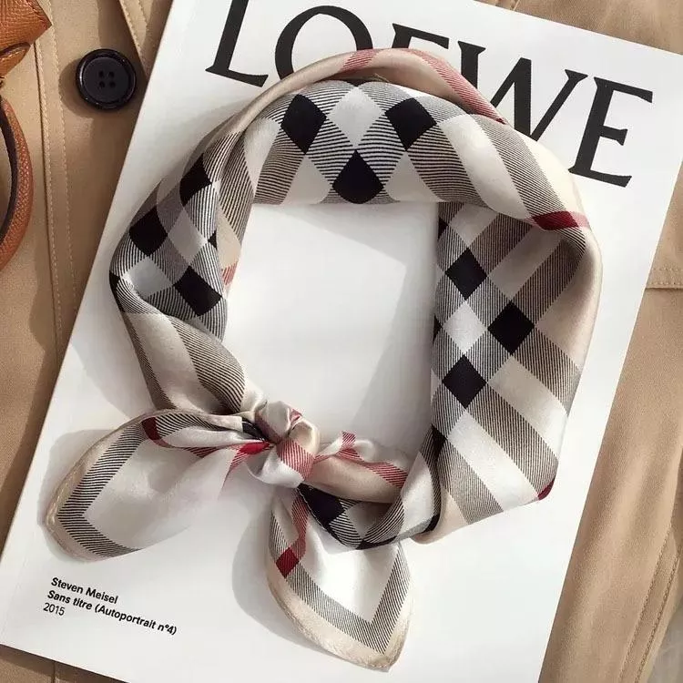 100％桑蠶絲經典格子真絲領巾小方巾披肩