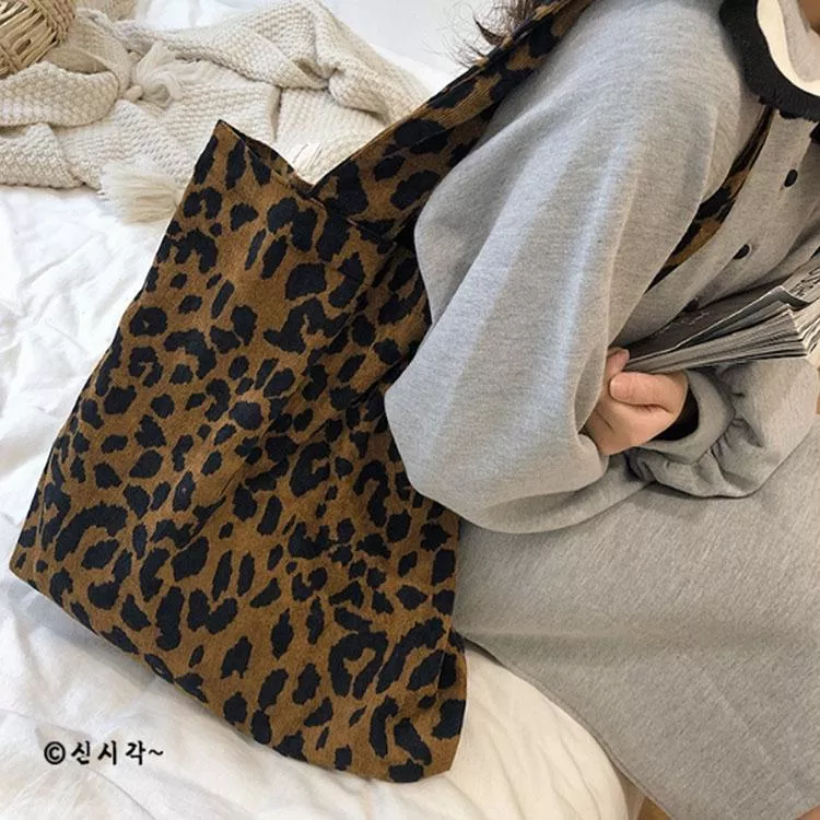 韓版帆布包豹紋托特包大容量單肩包