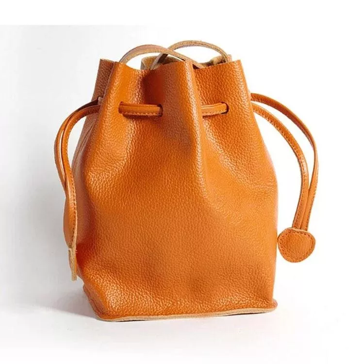 韓國同步款-真皮斜背包牛皮復古小水桶包