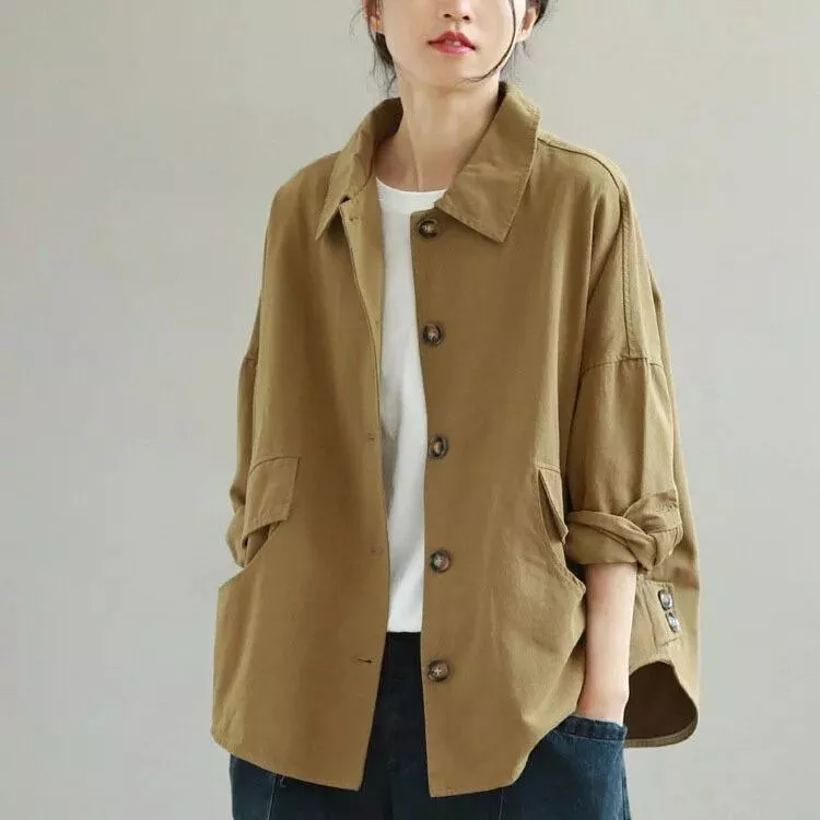 翻領單排扣外套寬鬆長袖外套