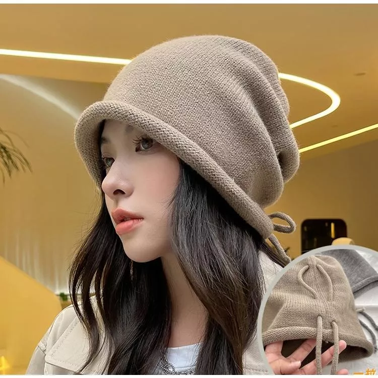 日系純色捲邊堆堆帽毛線帽針織抽繩帽