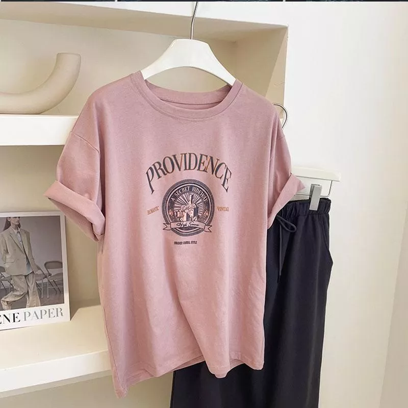 韓國美式復古城堡印花t恤寬鬆上衣