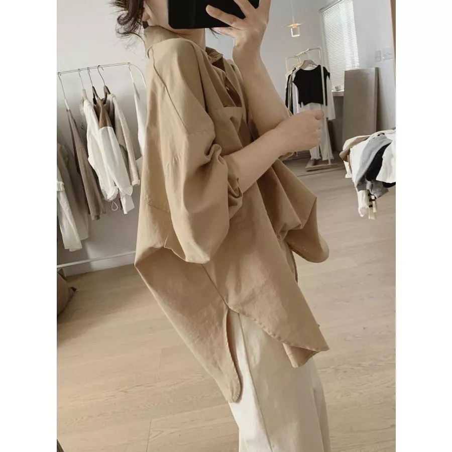 大口袋襯衫男友襯衫褊蝠袖開叉大尺碼中長款上衣