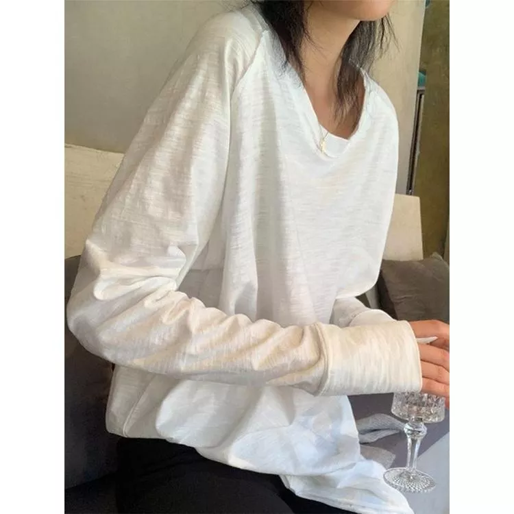 純棉長袖t恤寬鬆上衣中長款打底衫