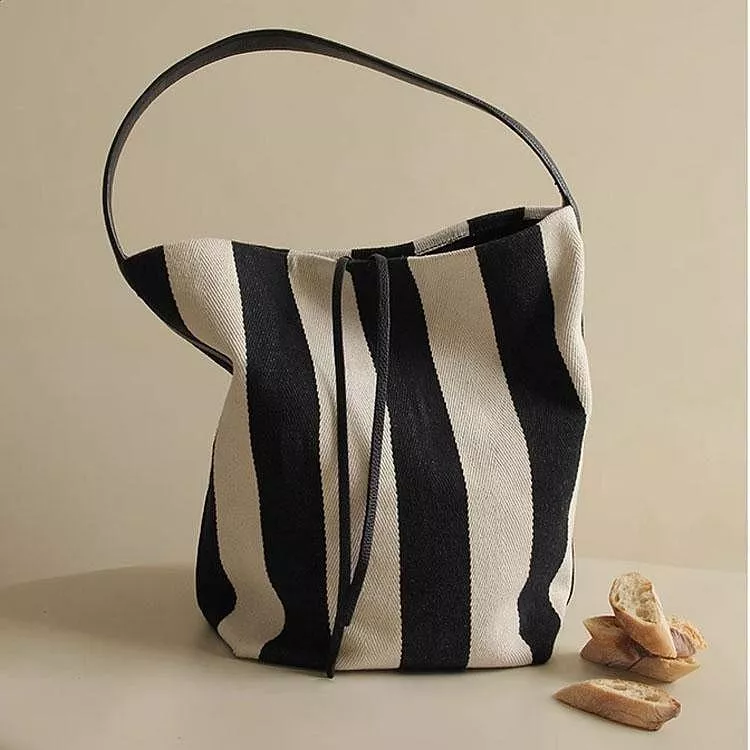 條紋帆布包春夏大容量托特包單肩水桶包