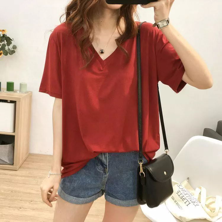 夏季V領短袖冰凉爽滑絲光棉t恤大碼寬鬆顯瘦上衣打底衫