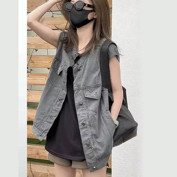 夏季復古做舊牛仔馬甲外套寬鬆無袖背心上衣