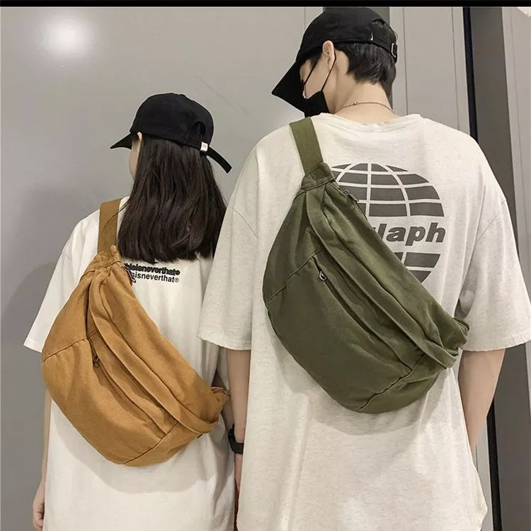 純色潮牌胸包日系帆布包大容量斜背包